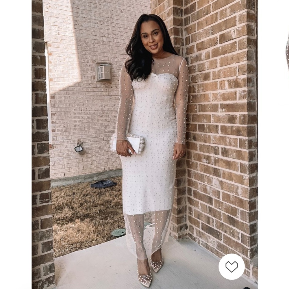 Sheer Pearl-Embellished White Maxi Dress